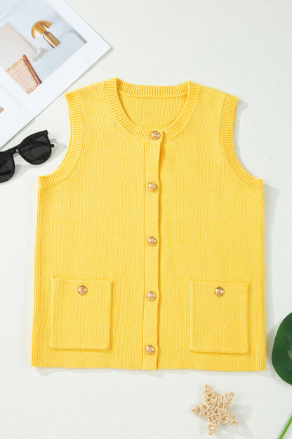 Solid Color Sleeveless Knit Button Pocketed Sweater