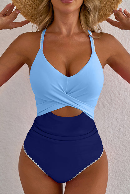 Rose Red Ric Rac Trim Contrasted Patchwork Cutout One Piece Swimsuit