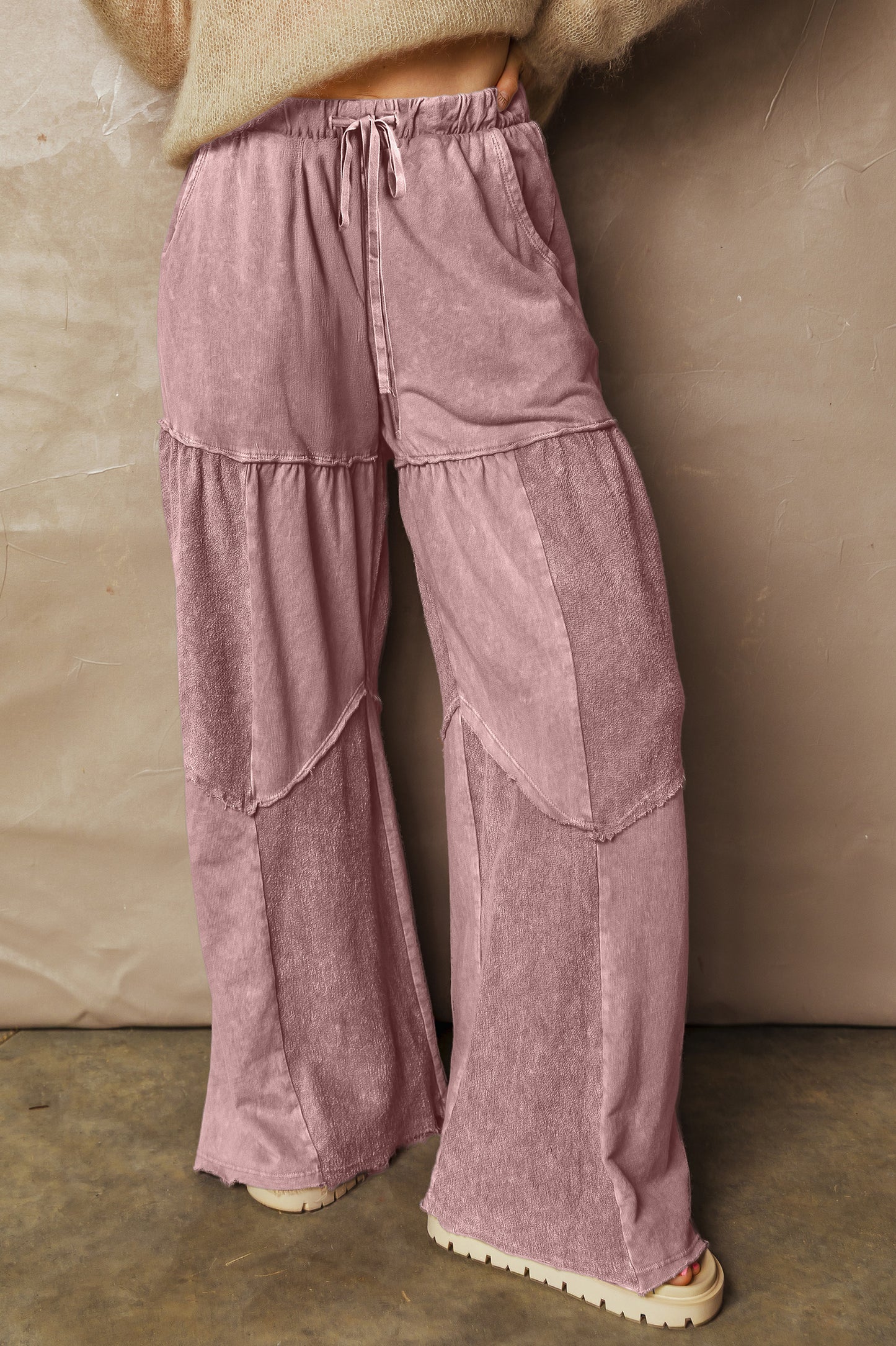 Wild Ginger Careys Mineral Wash Tiered Wide Leg Patchwork Drawstring Pants