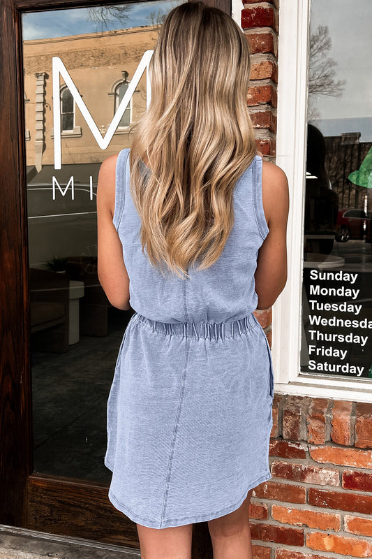 Ashleigh Blue Mineral Wash U Neck Elastic Waist Sleeveless Mini Dress