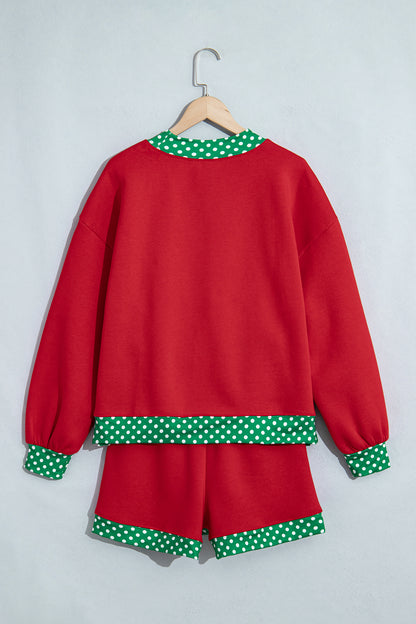 Polka Dot Trim Baggy Pullover 2pcs Short Set