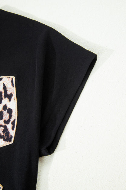 Leopard Bow Embroidered Cotton Round Neck T Shirt