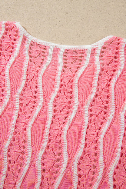 Wavy Detail Hollow Out Knit Long Sleeve Cotton Pullover Sweater