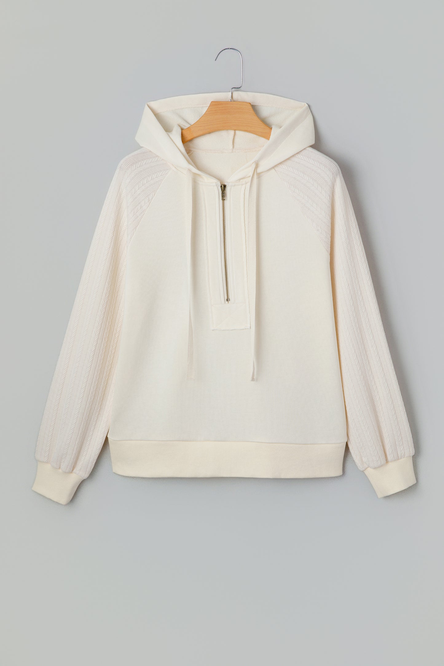 Beige Solid Color Textured Sleeve Patchwork Half Zip Hoodie