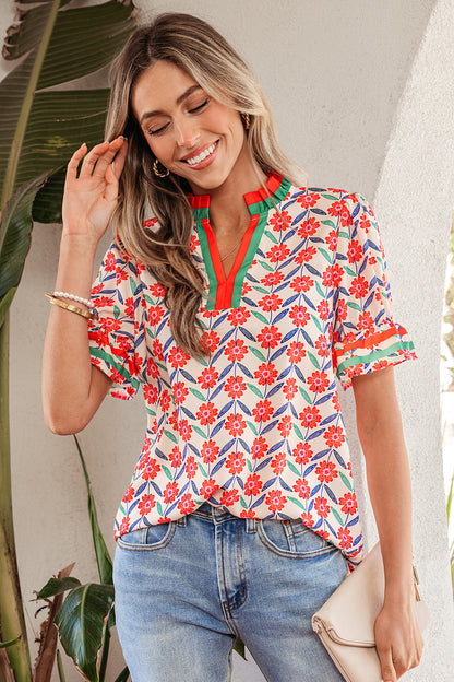 Red Floral Print Striped Detail V Neck Ruffled Short Sleeve Blouse