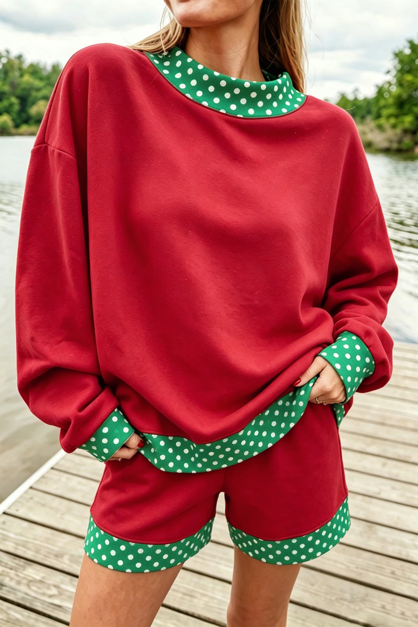 Polka Dot Trim Baggy Pullover 2pcs Short Set
