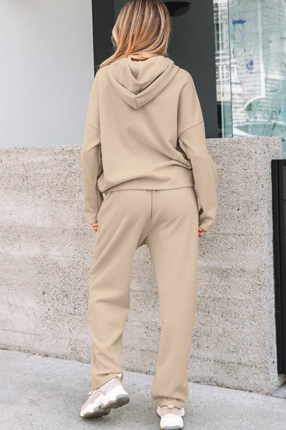 Lace Drawstring Pullover Hoodie and High Waist Pants Corduroy Suit