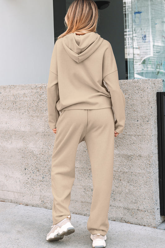 Lace Drawstring Pullover Hoodie and High Waist Pants Corduroy Suit