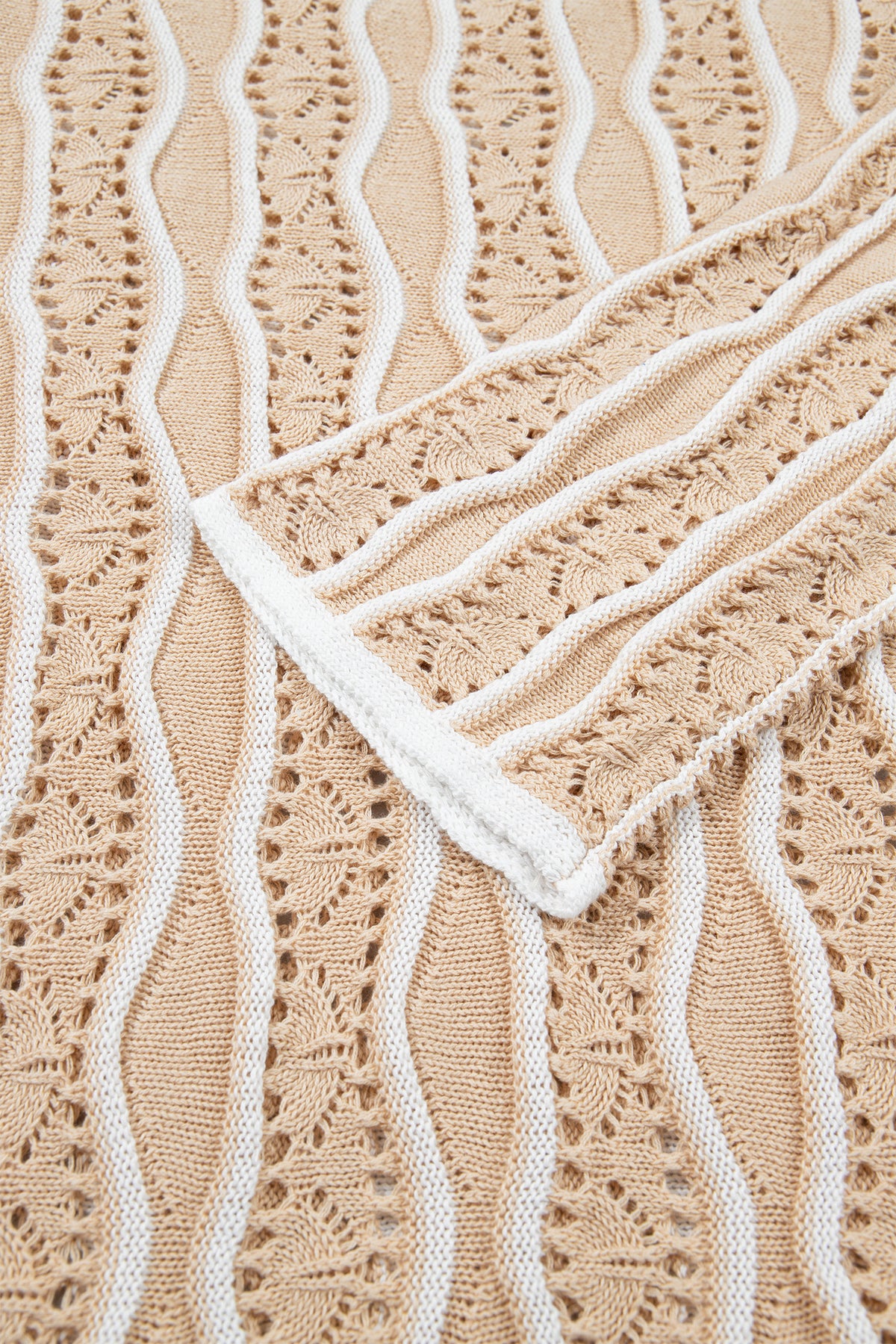 Wavy Detail Hollow Out Knit Long Sleeve Cotton Pullover Sweater