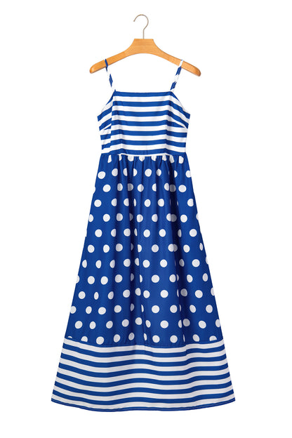 Striped Polka Dot Patchwork High Waist Spaghetti Straps Maxi Dress