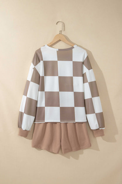 Checkerboard Plaid Long Sleeve Solid Color Shorts 2pcs Set