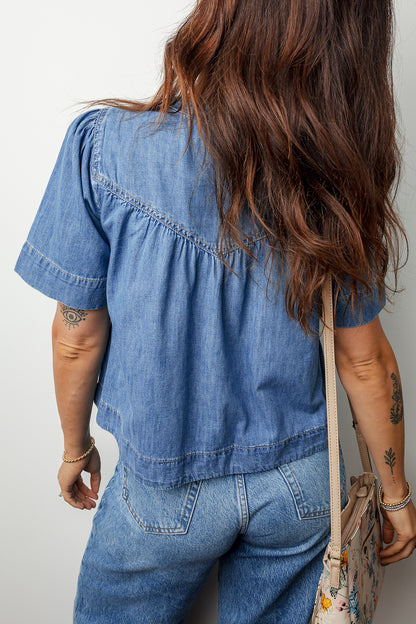 Beau Blue Seam Pleated Detail Half Button Short Sleeve Denim Top