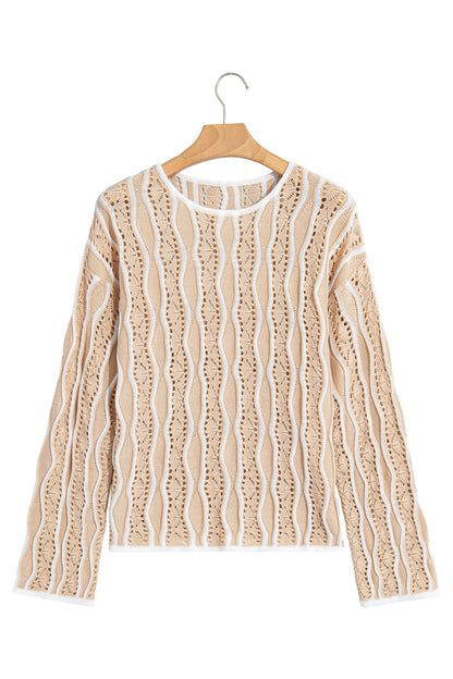 Wavy Detail Hollow Out Knit Long Sleeve Cotton Pullover Sweater