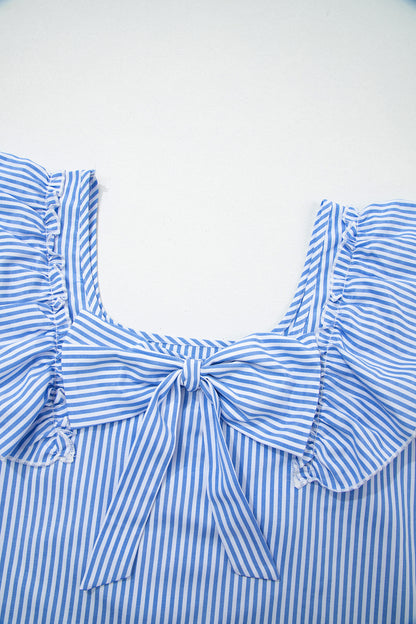 Sky Blue Stripe Square Neck Bow Decor Frilly Ruffled Short Sleeve Blouse