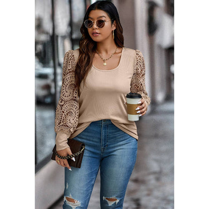 Plus Square Neck Color Block Hollow Out Solid Top