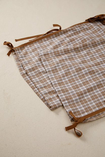 Chestnut Plaid Print Elastic Waist Bow Tie Contrast Detail Jogger Pants