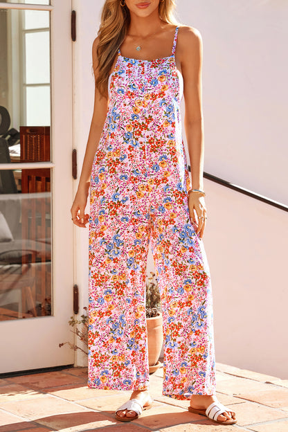 Floral Print Spaghetti Straps Loose Pocketed Jumpsuit