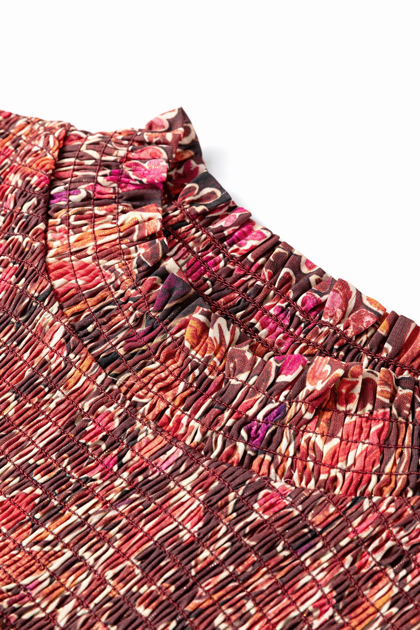 Red Floral Print Long Sleeve Shirred High Neck Loose Mini Dress