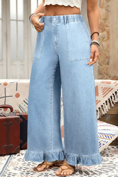 Black Plus Size Elastic Waist Ruffled Wide Leg Denim Pants