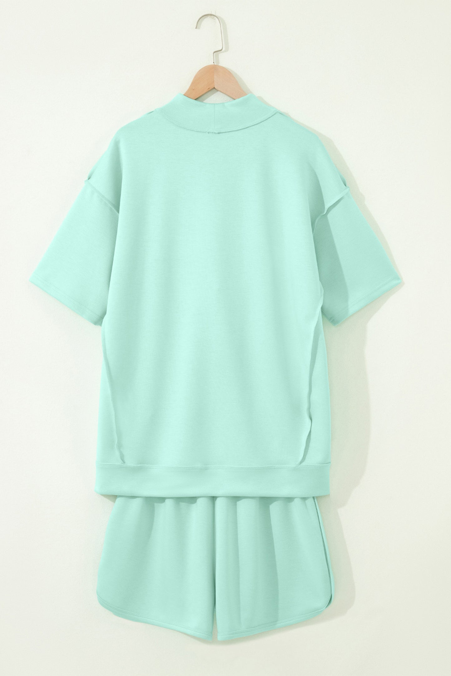 Solid Color Exposed Seam Mock Neck Oversize Tee Casual Shorts 2pcs Outfit