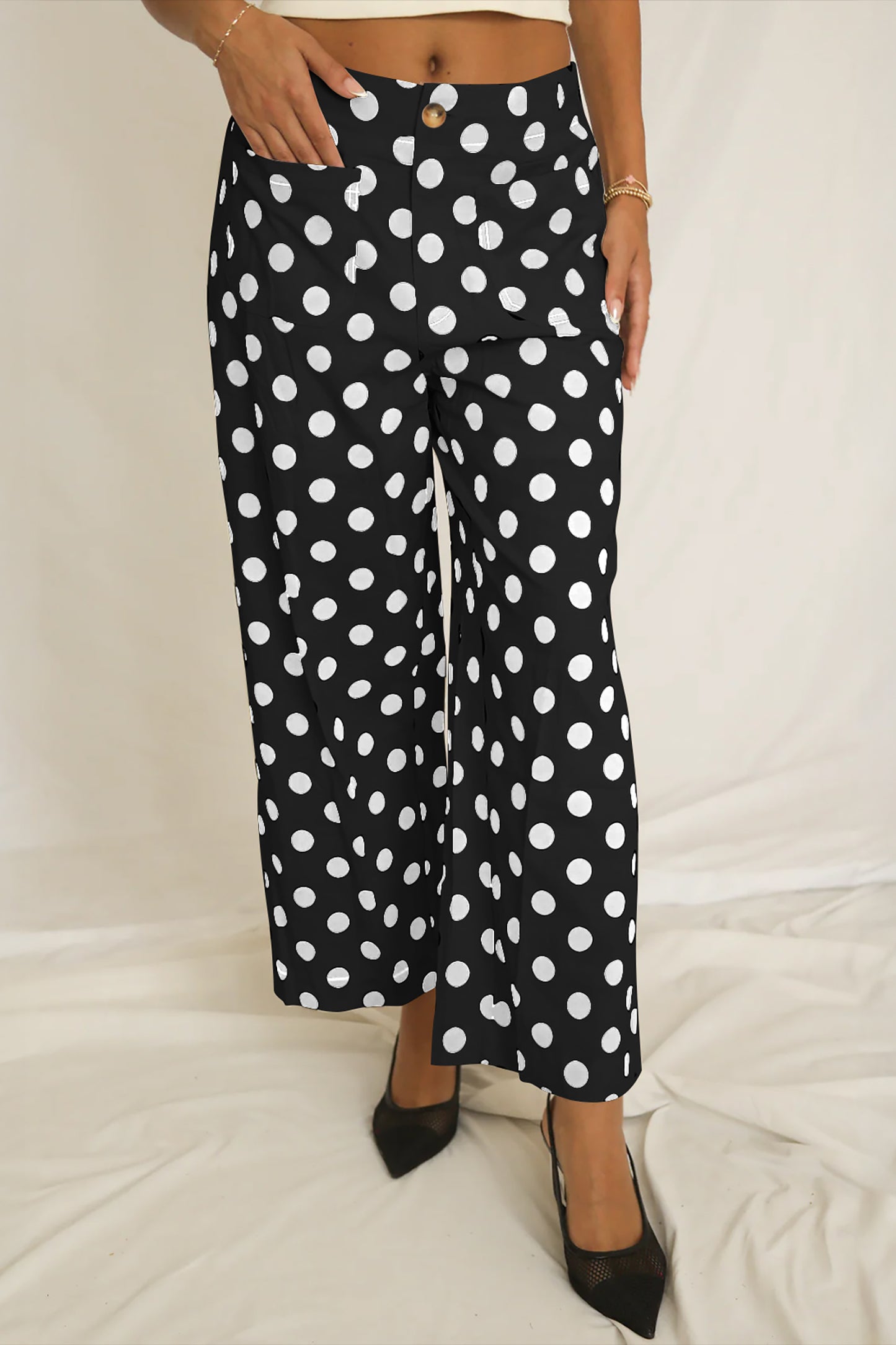 Polka Dot Print Patched Pocket Mid-rise Straight Leg Pants