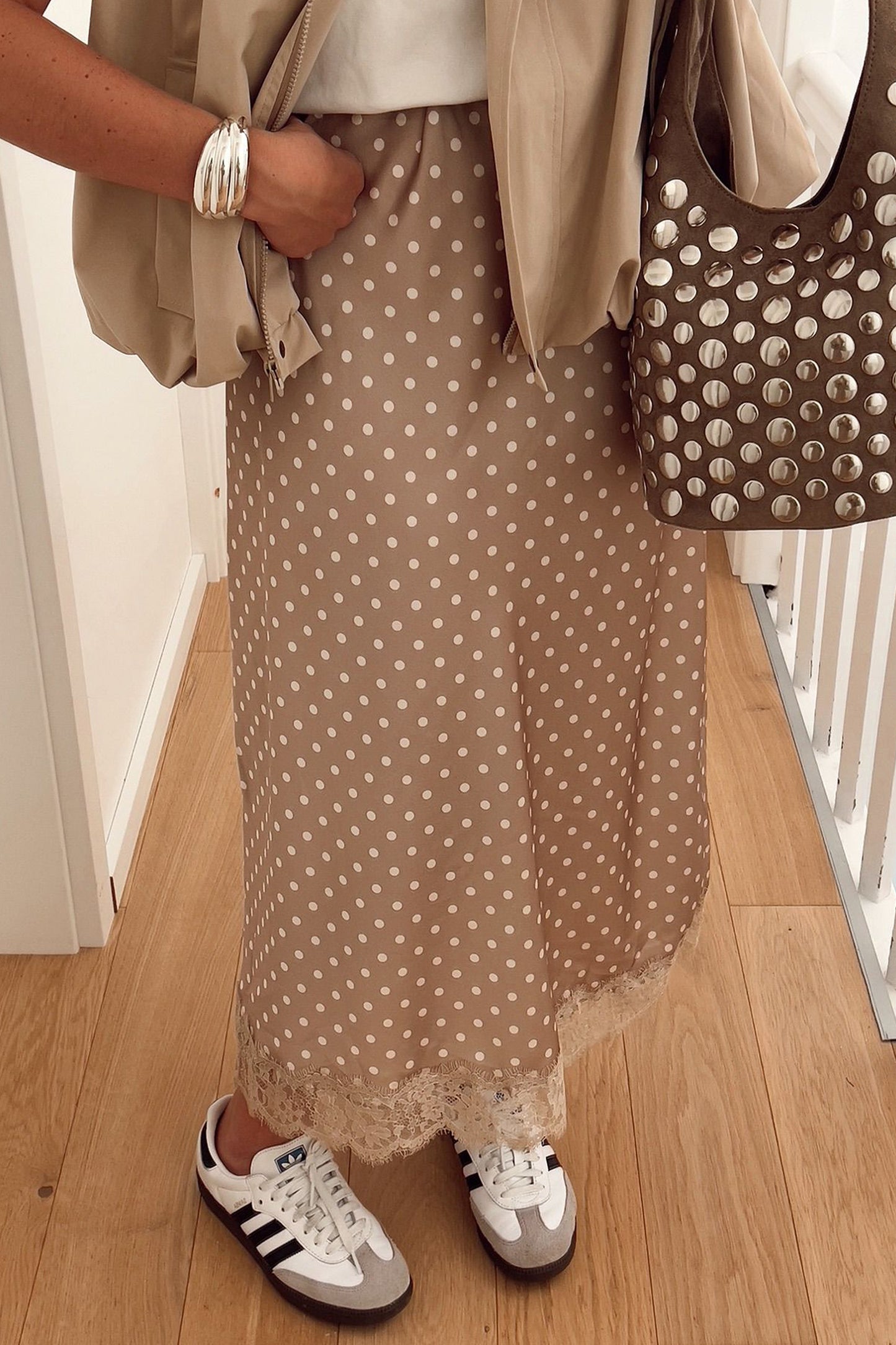 Polka Dot Lace Hem Elegant Long Shift Skirt