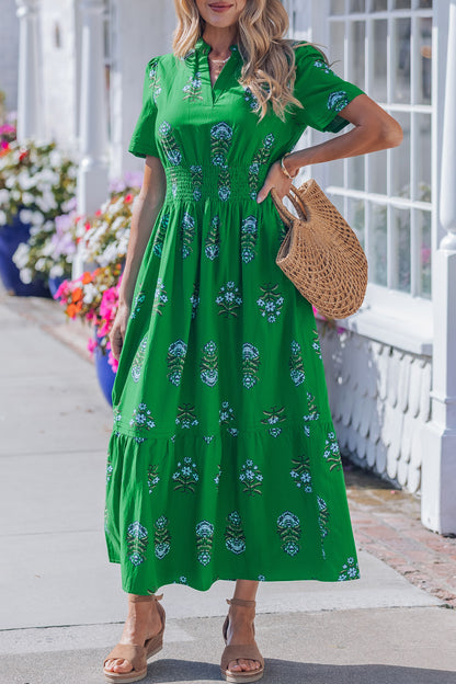 Floral Print Split Neck Shirred High Waist Ruffle Hem Maxi Dress