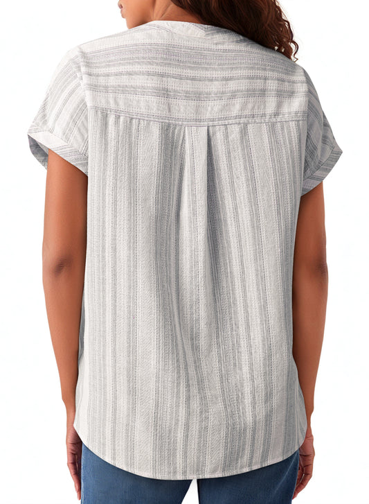 Gray Breathable Gauze Half Button Short Sleeve Casual Blouse