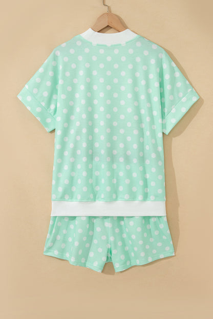 Polka Dot Print Color Block Trim Mock Neck Short Set