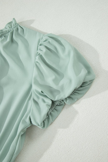 Solid Color V Neck Short Puff Sleeve High Waist Tiered Maxi Dress