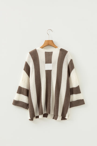 Brown Stripe Colorblock V Neck Bracelet Sleeve Sweater