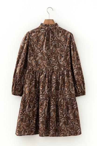 Brown Paisley Print Half Buttons Puff Sleeve Flowy Short Dress