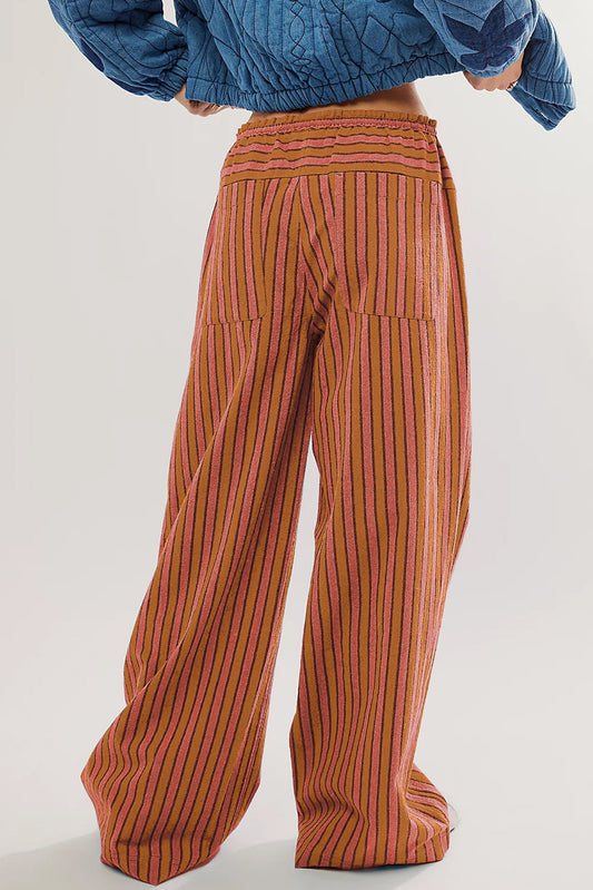 Stripe Button Pocket Tie Waist Casual Wide Leg Pants