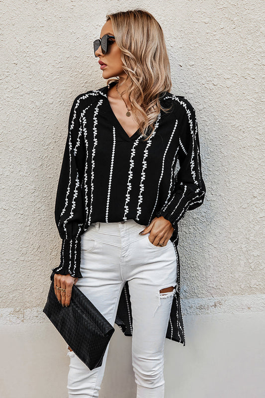 Stripe Floral Knit Side Open Long Body Blouse