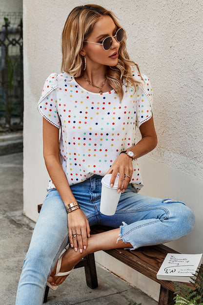 Lace Sleeves Color Polka Dot Scoop Neck Blouse