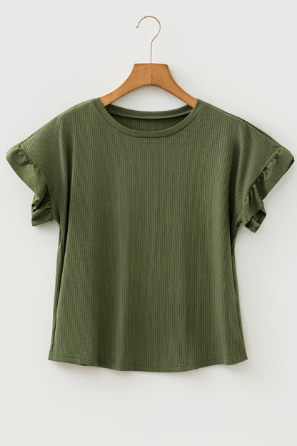 Jungle Green Solid Color Ribbed Ruffled Short Sleeve T Shirt