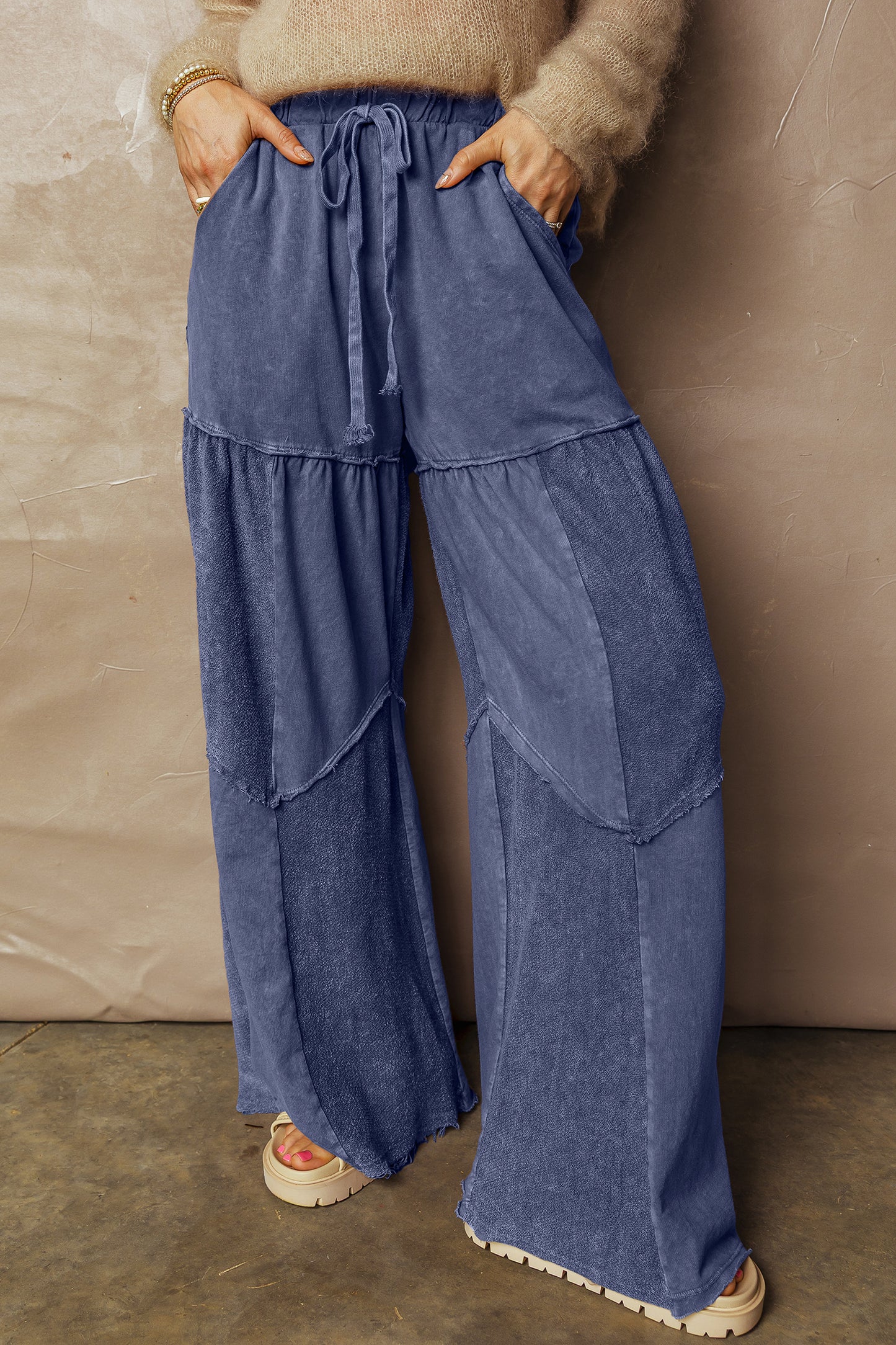 Wild Ginger Careys Mineral Wash Tiered Wide Leg Patchwork Drawstring Pants
