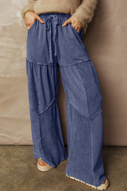 Wild Ginger Careys Mineral Wash Tiered Wide Leg Patchwork Drawstring Pants