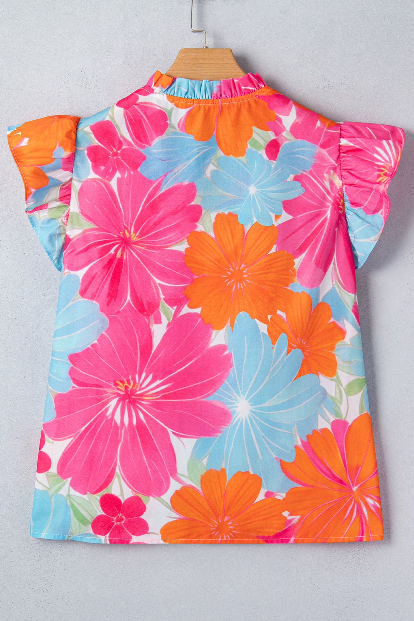 Multicolour Vibrant Flower Printed Tie V Neck Ruffle Trim Sleeveless Blouse