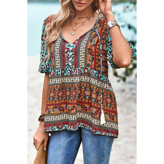 Floral Print Button Deep V Color Block Loose Fit Top | Shirt - Women's | short sleeve top, Top | Elings