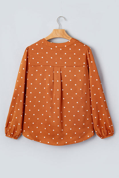 Brown Polka Dot Half Button V Neck Long Sleeve Blouse