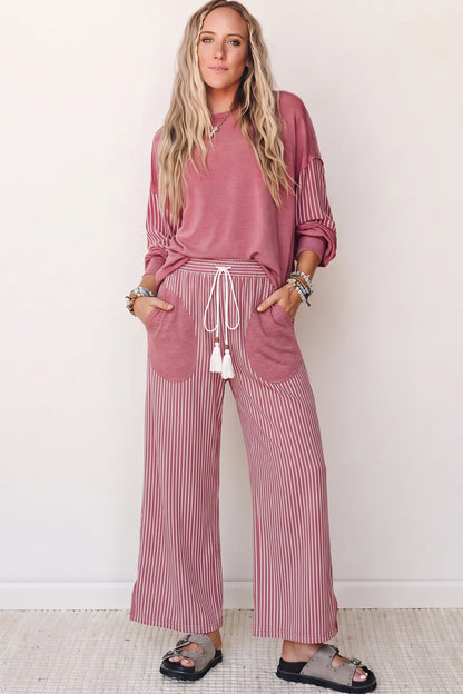 Raw Seam Patchwork Long Sleeve Top Pocket Casual Pants 2pcs Set
