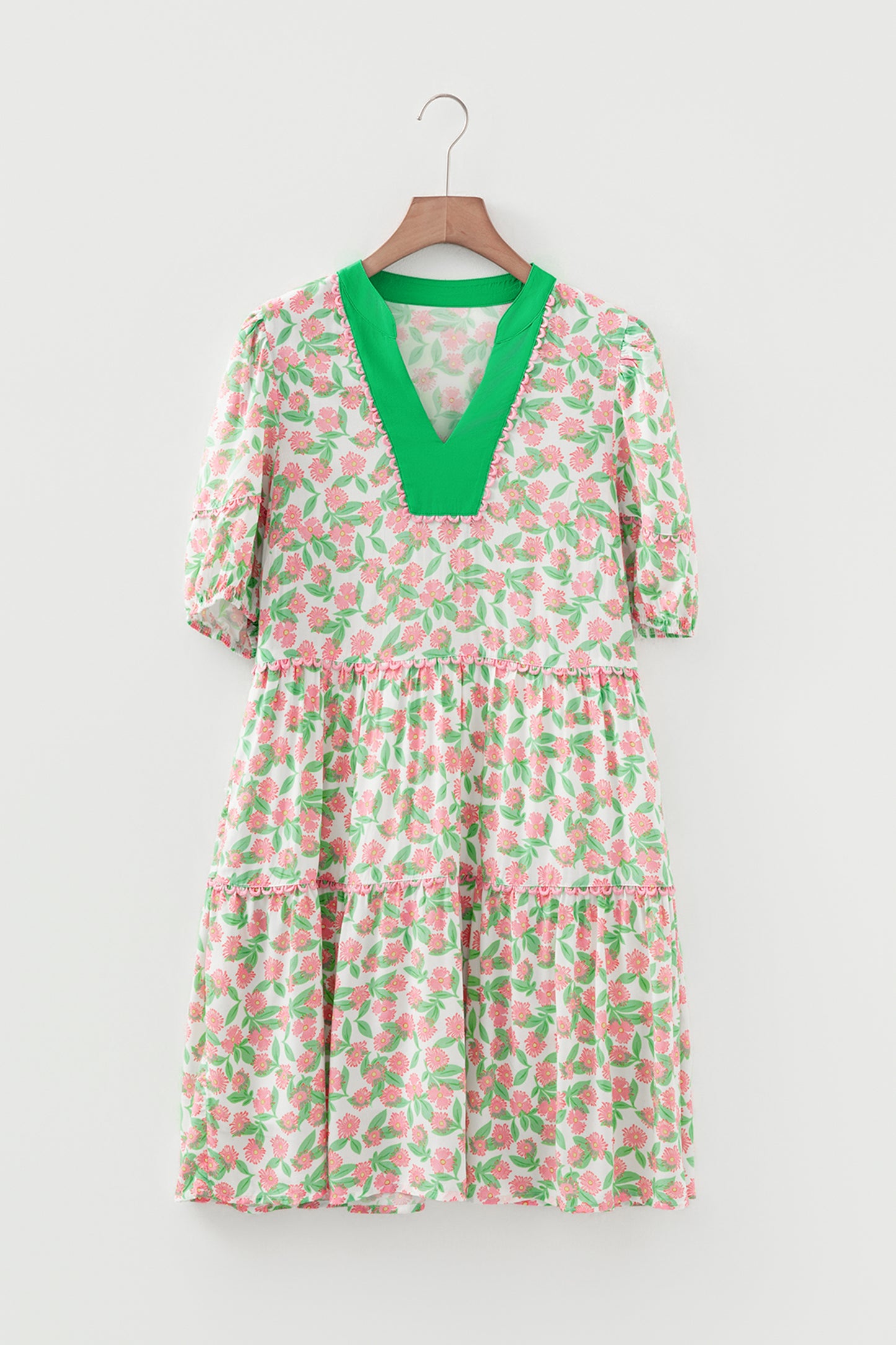 Green Contrast Neckline Ricrac Trim Floral Short Puff Sleeve Dress