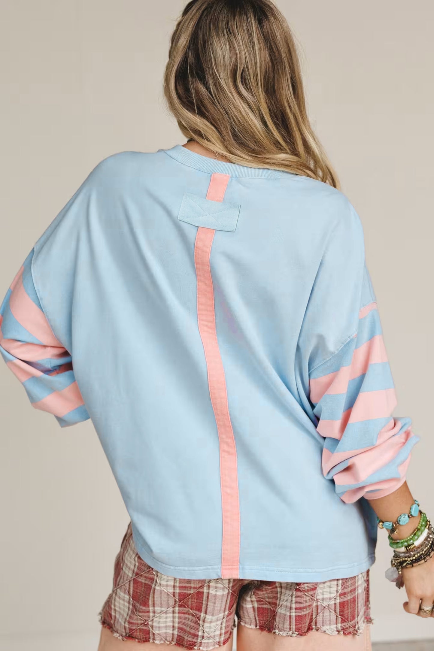 Beau Blue Big Flower Patch Drop Shoulder Striped Long Sleeve Top