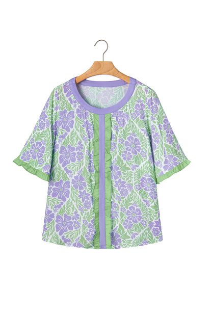 Floral Print Ruffled Color Block Trim Half Sleeve Blouse