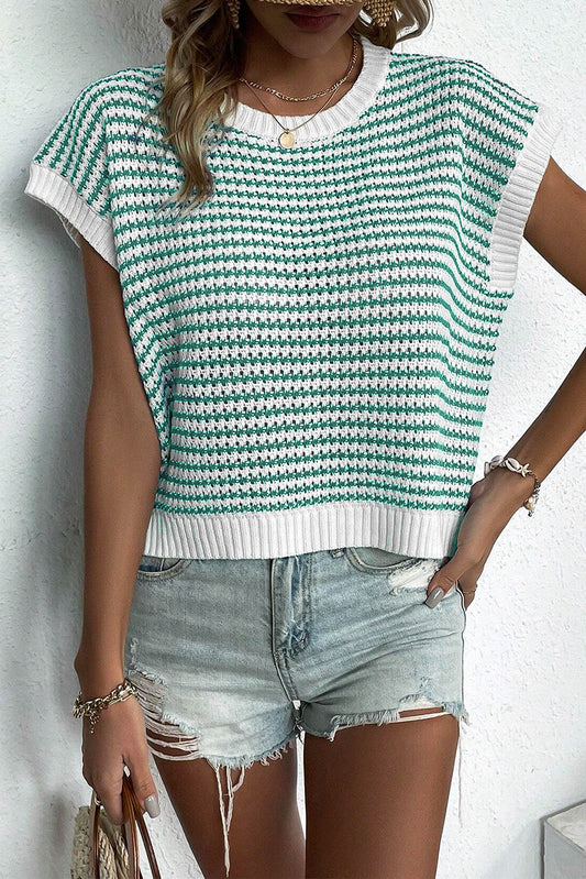 Green Stripe Ribbed Trim Loose Fit Knitted Sweater Vest