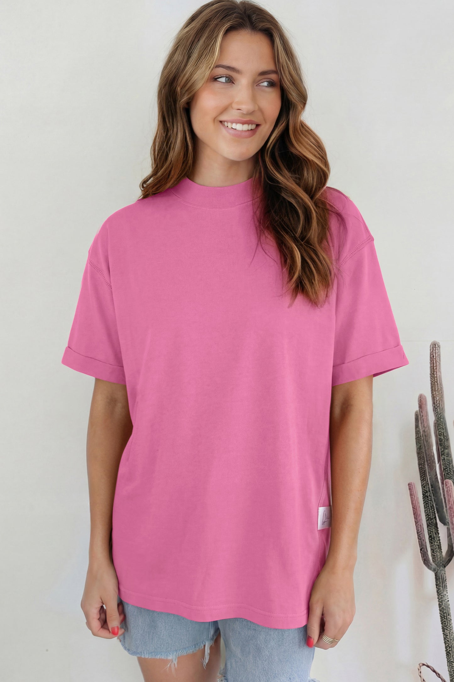 Pink Solid Color High Neck Oversize Tee