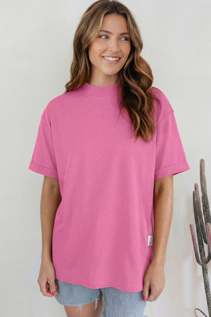 Pink Solid Color High Neck Oversize Tee