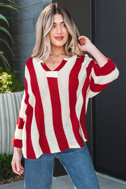 Brown Stripe Colorblock V Neck Bracelet Sleeve Sweater