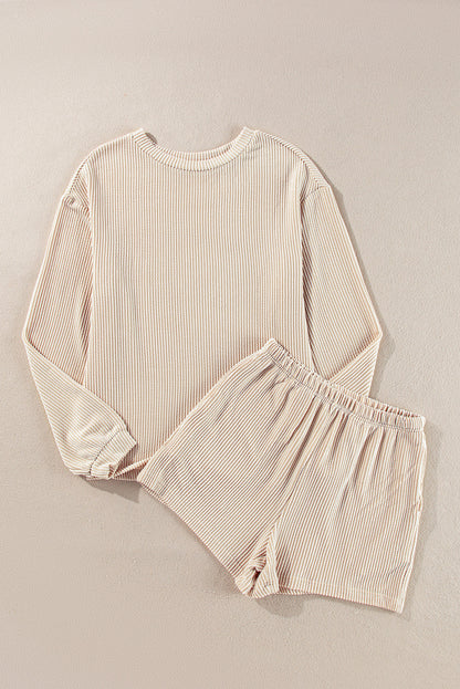 Corded Knit Long Sleeve Top and High Waist Shorts Set